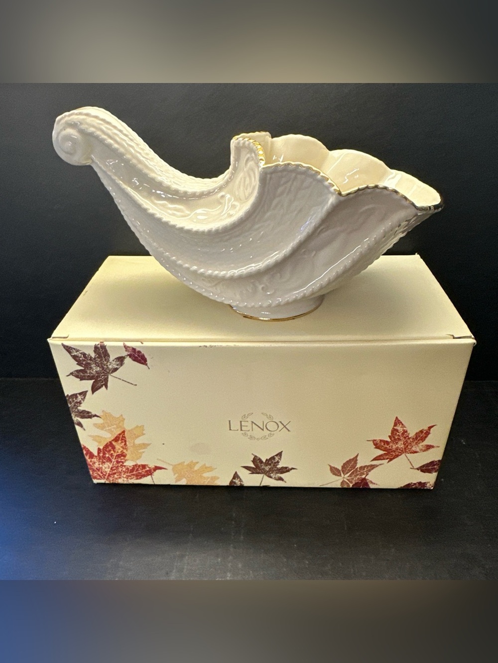 Lenox Fruits of Life Cornucopia Medium Horn of Plenty Box Gold Trim Thanksgiving